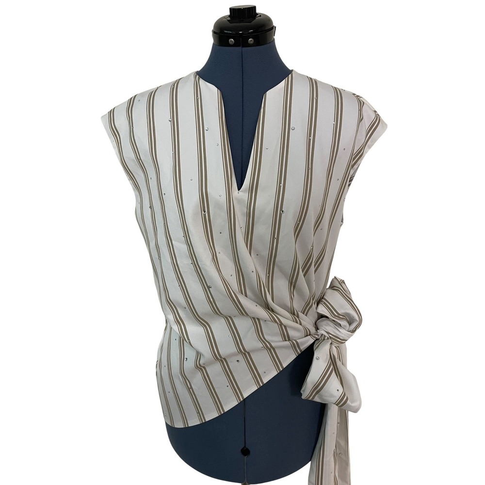 Diomi Women Sleeveless Striped Rhinestone Side Tie Blouse Tan Cream Luxury M NEW